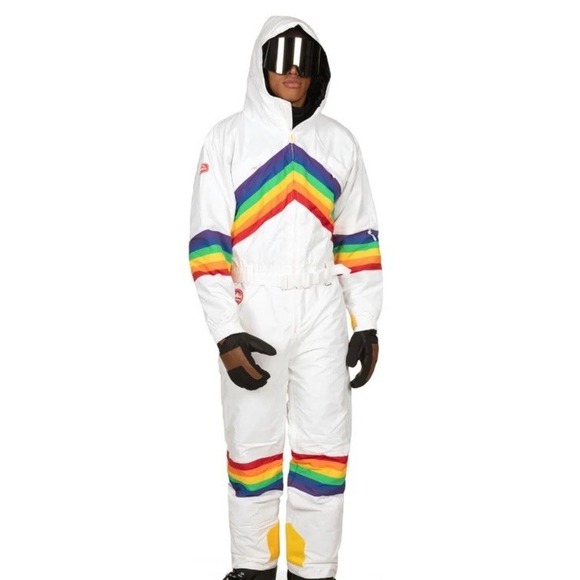 Tipsy Elves Mens Size Large L SUNRISE SHREDDER SKI SUIT Snow Rainbow White New - Picture 1 of 4
